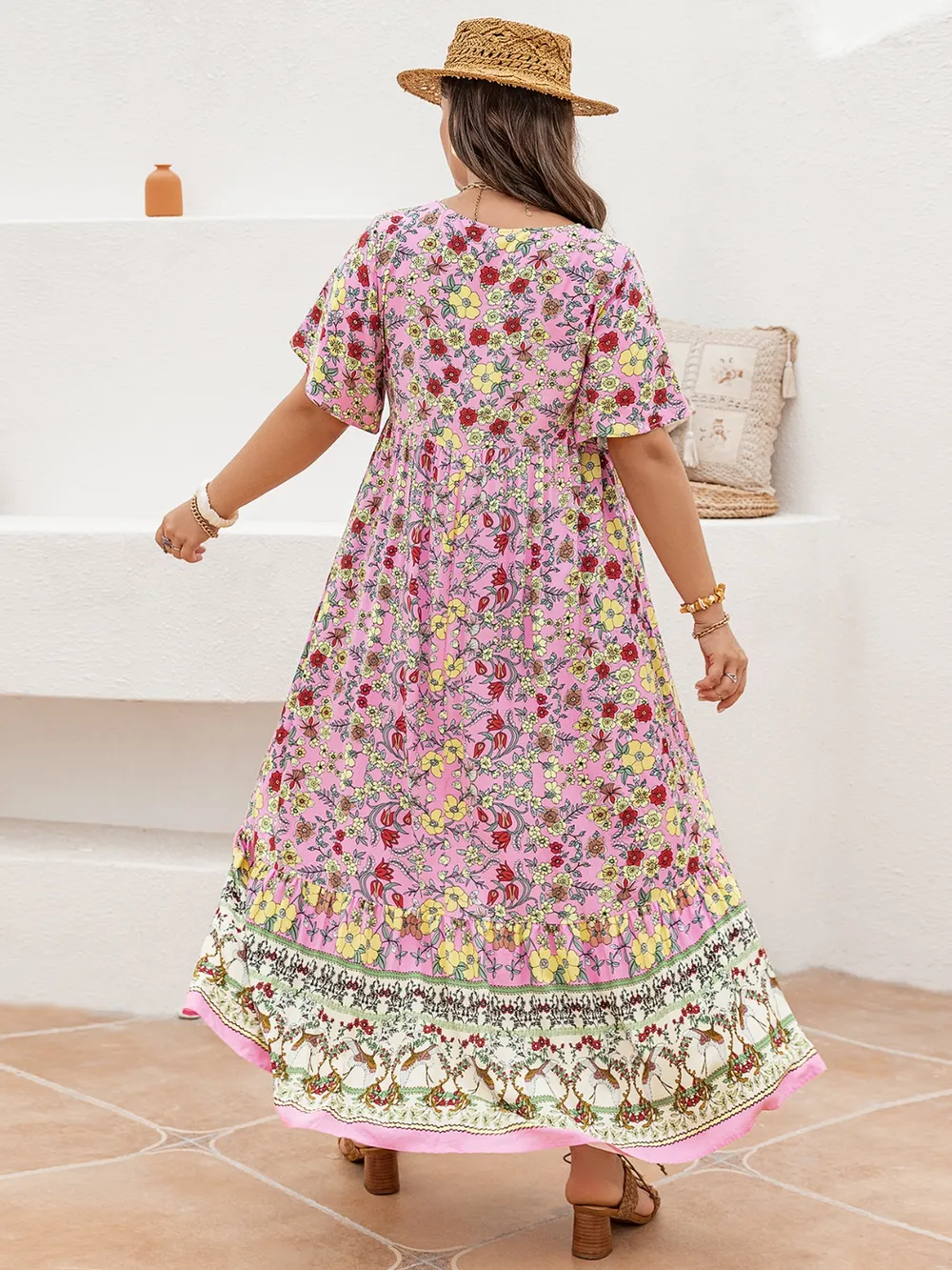 Plus Size Floral Tie Neck Flutter Sleeve Maxi Dress, image 5