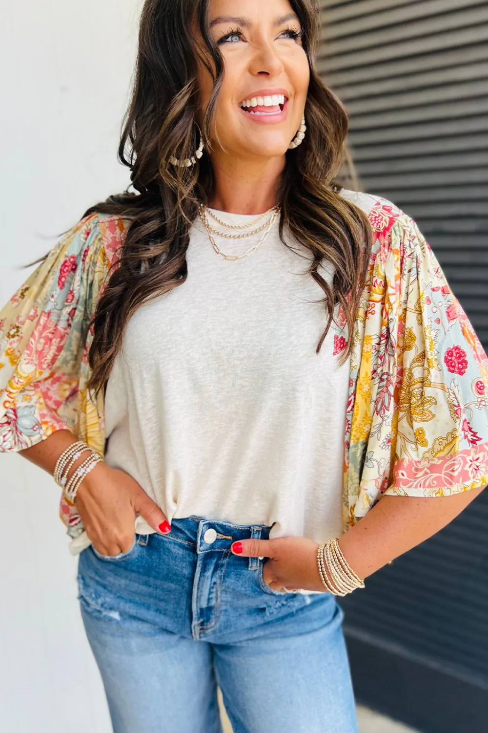 Printed Round Neck Flutter Sleeve Blouse, image 3