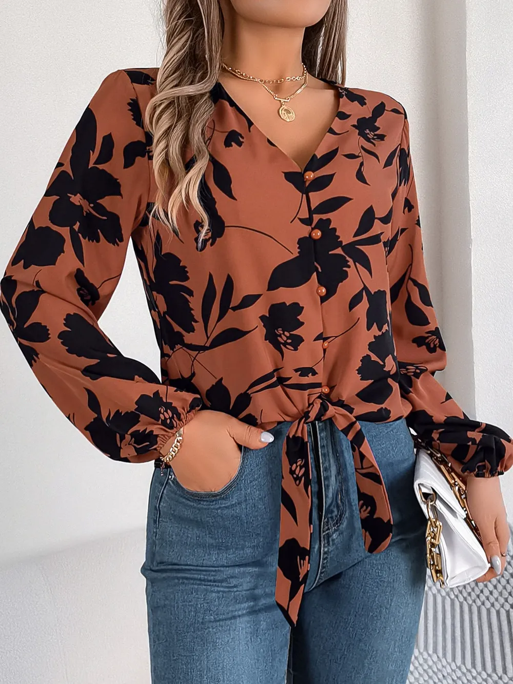 Printed V-Neck Long Sleeve Blouse, image 9