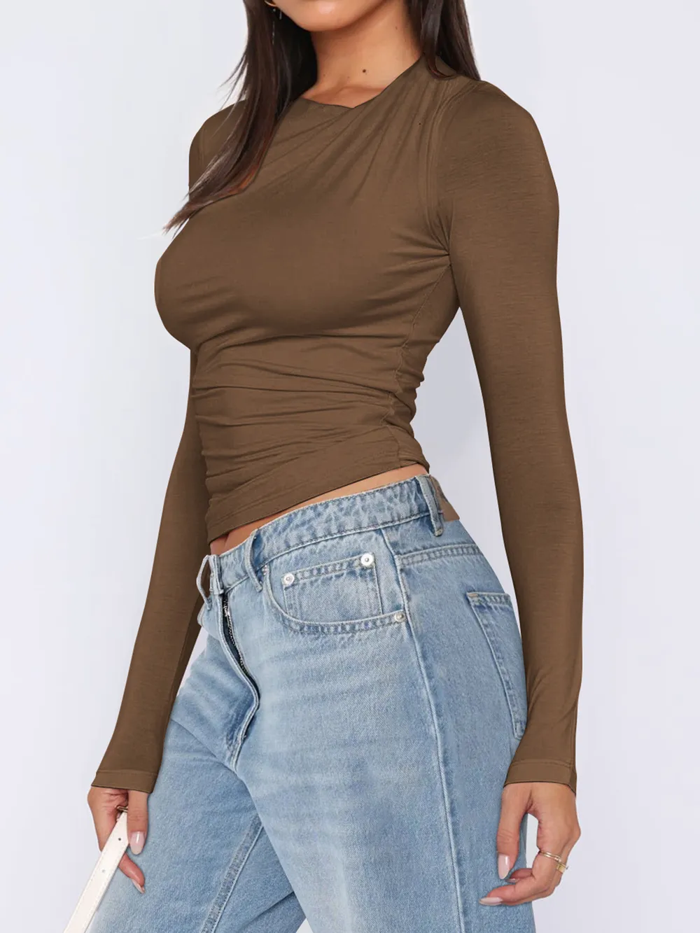 Ruched Asymmetrical Neck Long Sleeve T-Shirt, image 17