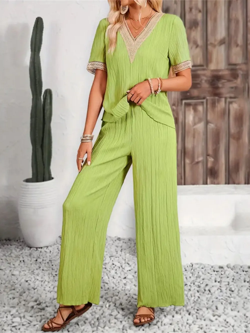 V-Neck Short Sleeve Top and Pants Set, image 6