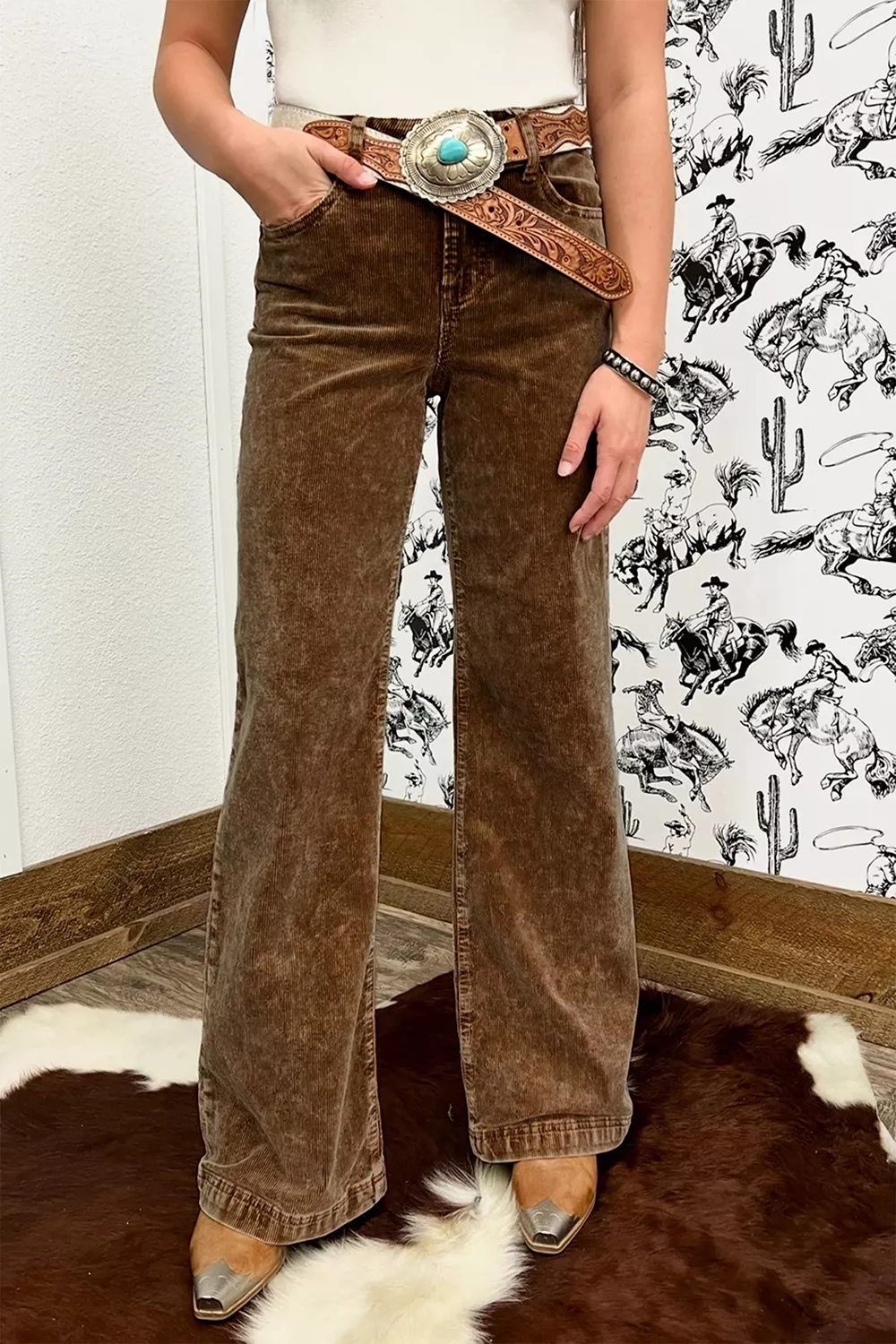 Straight Leg Corduroy Metal Button Zip-up Pants, image 3