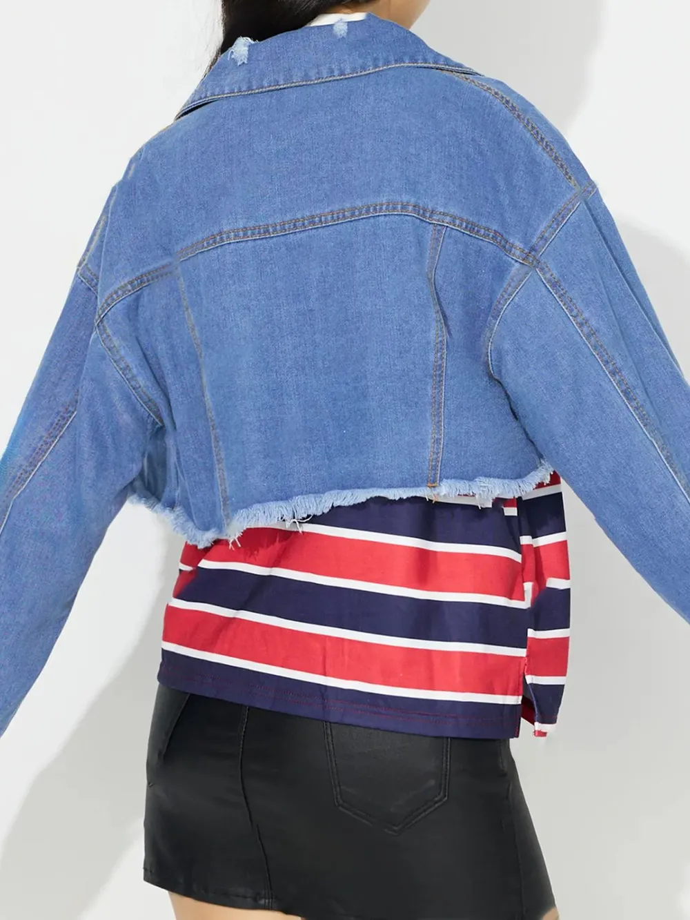 Raw Hem Collared Neck Cropped Denim Top, image 2