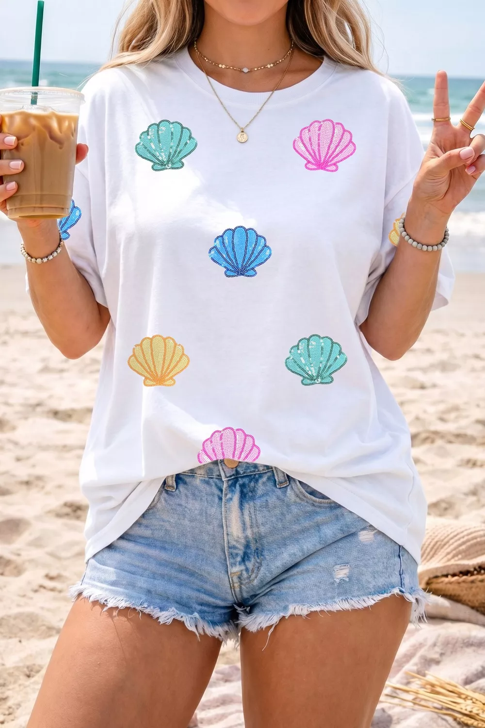 Sequin Shell Graphic Summer Loose T Shirt, image 5