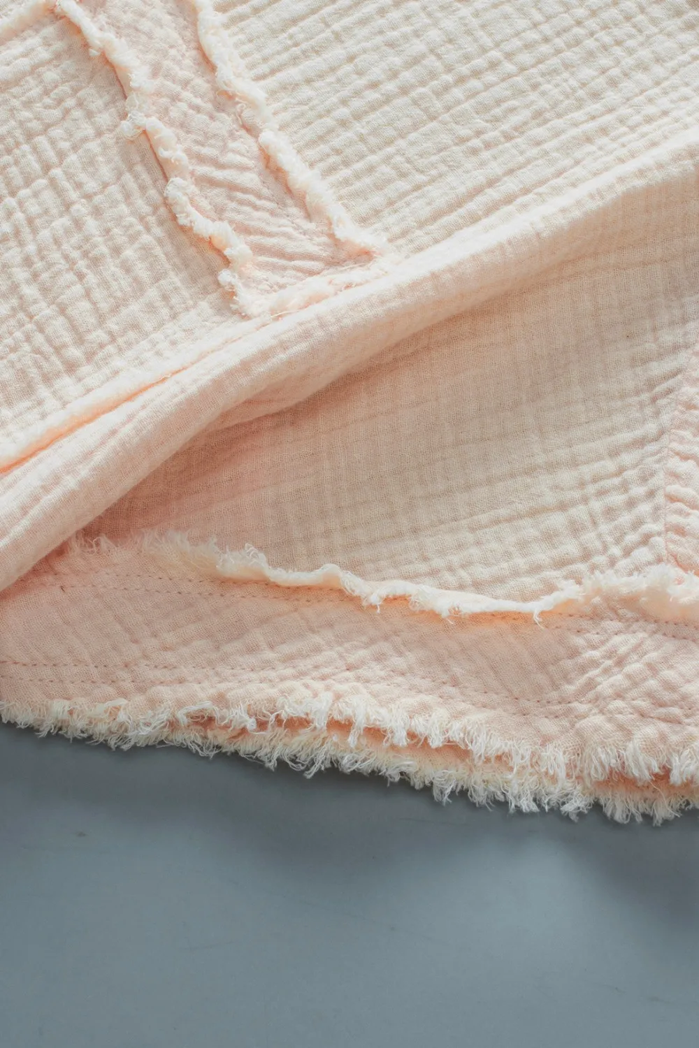 Textured Frayed Trim Half Button Short Sleeve Top, image 4