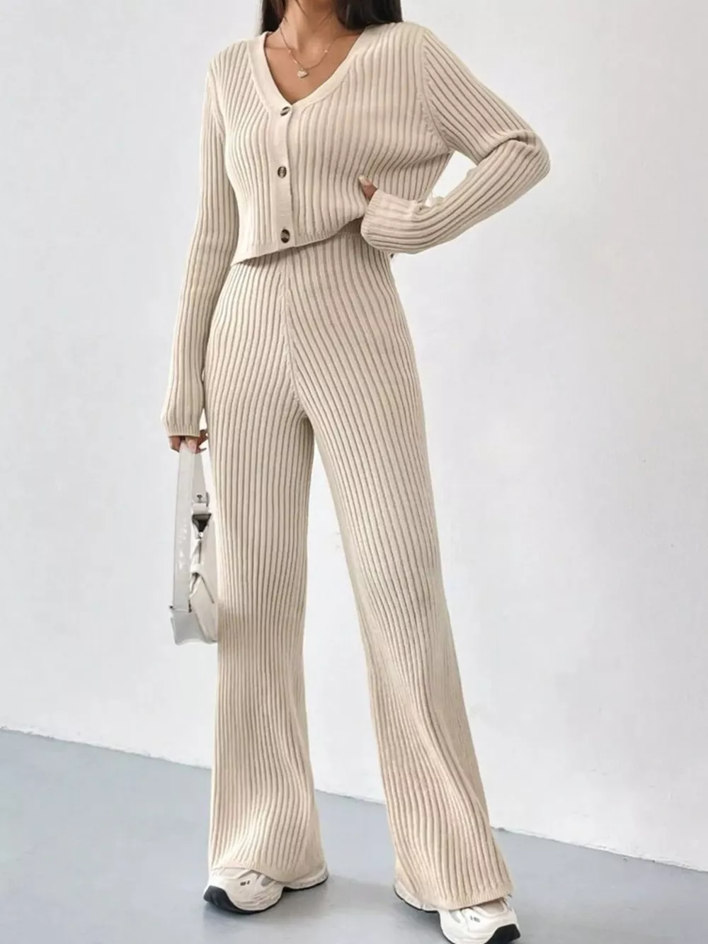 Ribbed Knit Button Up Top and Pants Set, image 3