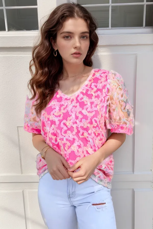 Bonbon Flowery Mesh Short Puff Sleeve Blouse, image 5