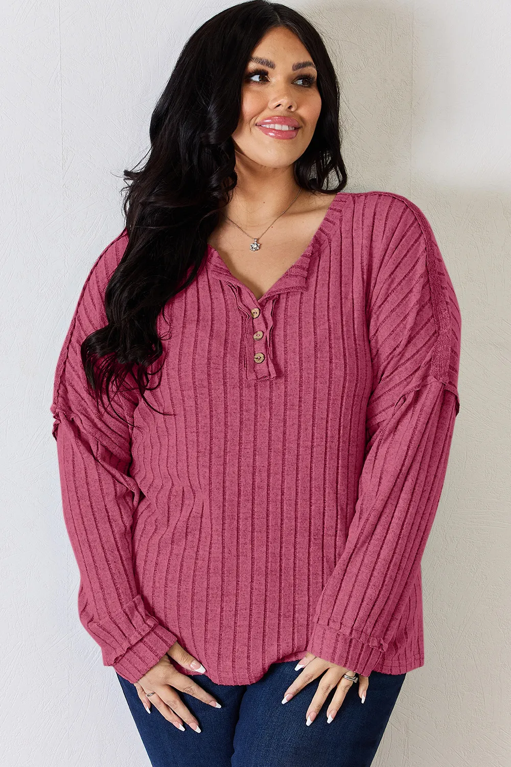 Full Size Ribbed Half Button Long Sleeve T-Shirt, image 9