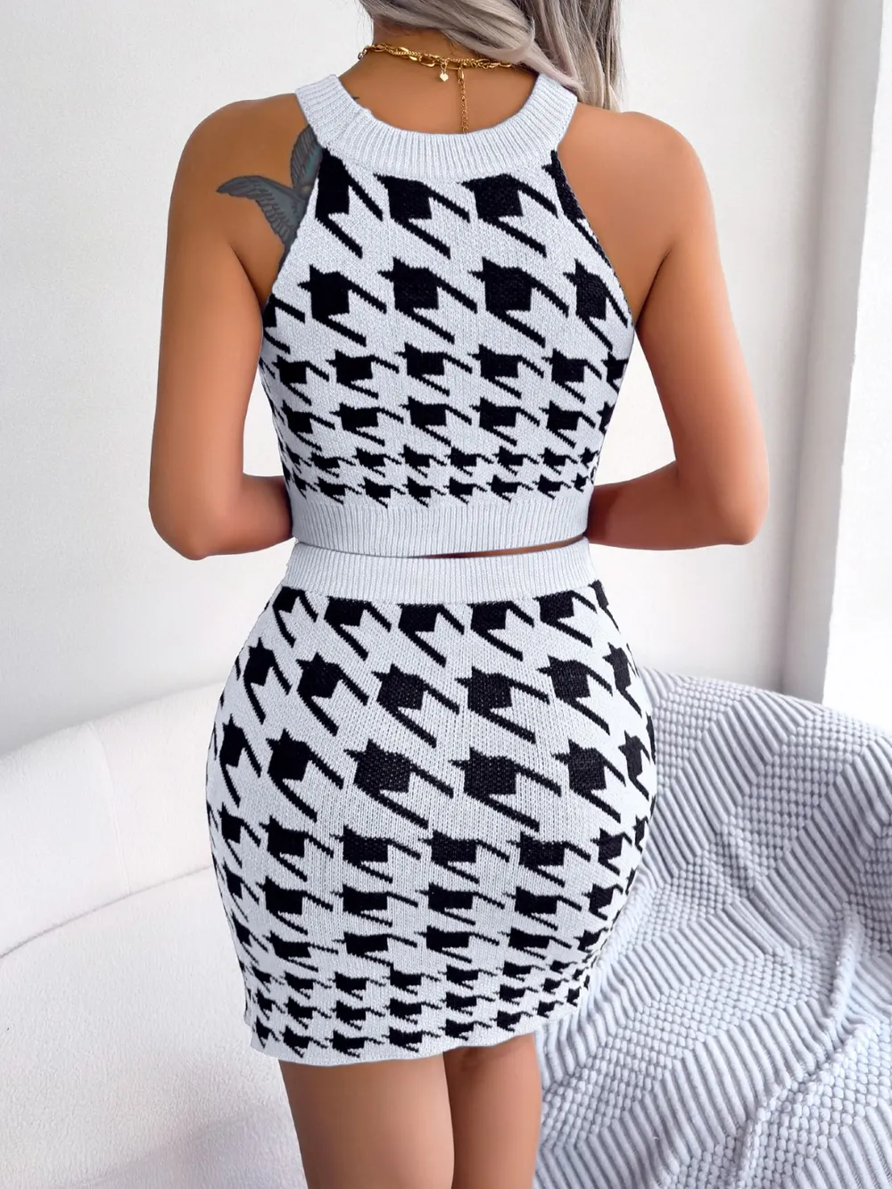 Houndstooth Sleeveless Top and Skirt Sweater Set, image 4
