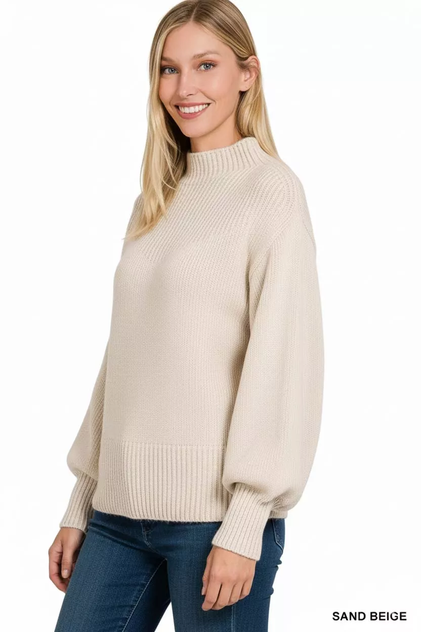 Balloon Sleeve Mock Neck Sweater, image 3
