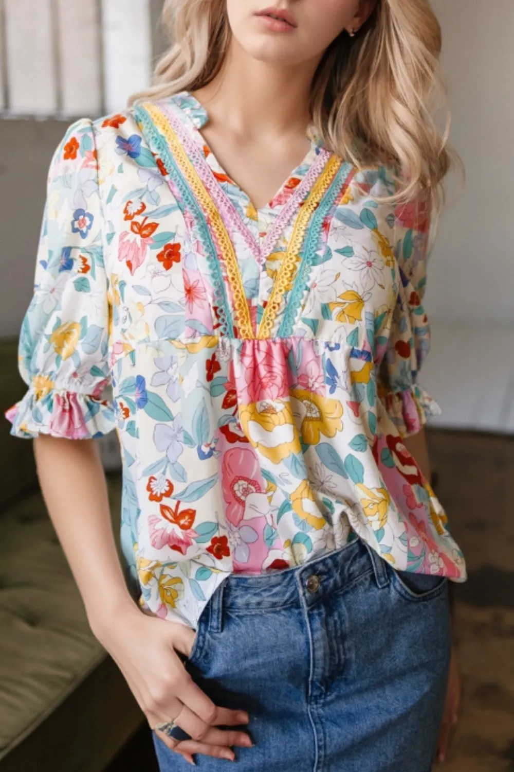 Boho Flower Print Half Puff Sleeve Blouse, image 2