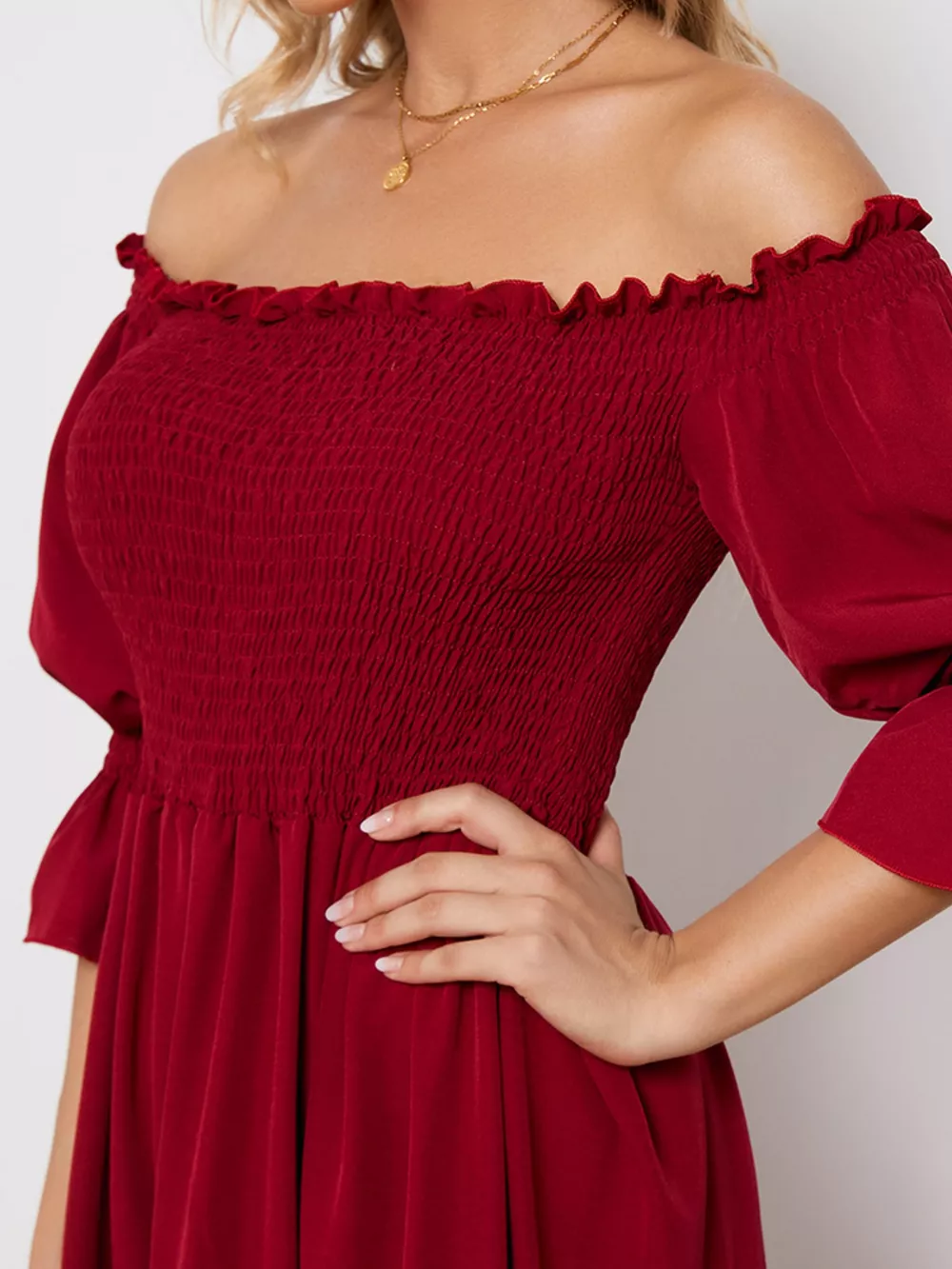 Smocked Off-Shoulder Ruffle Hem Midi Dress, image 4