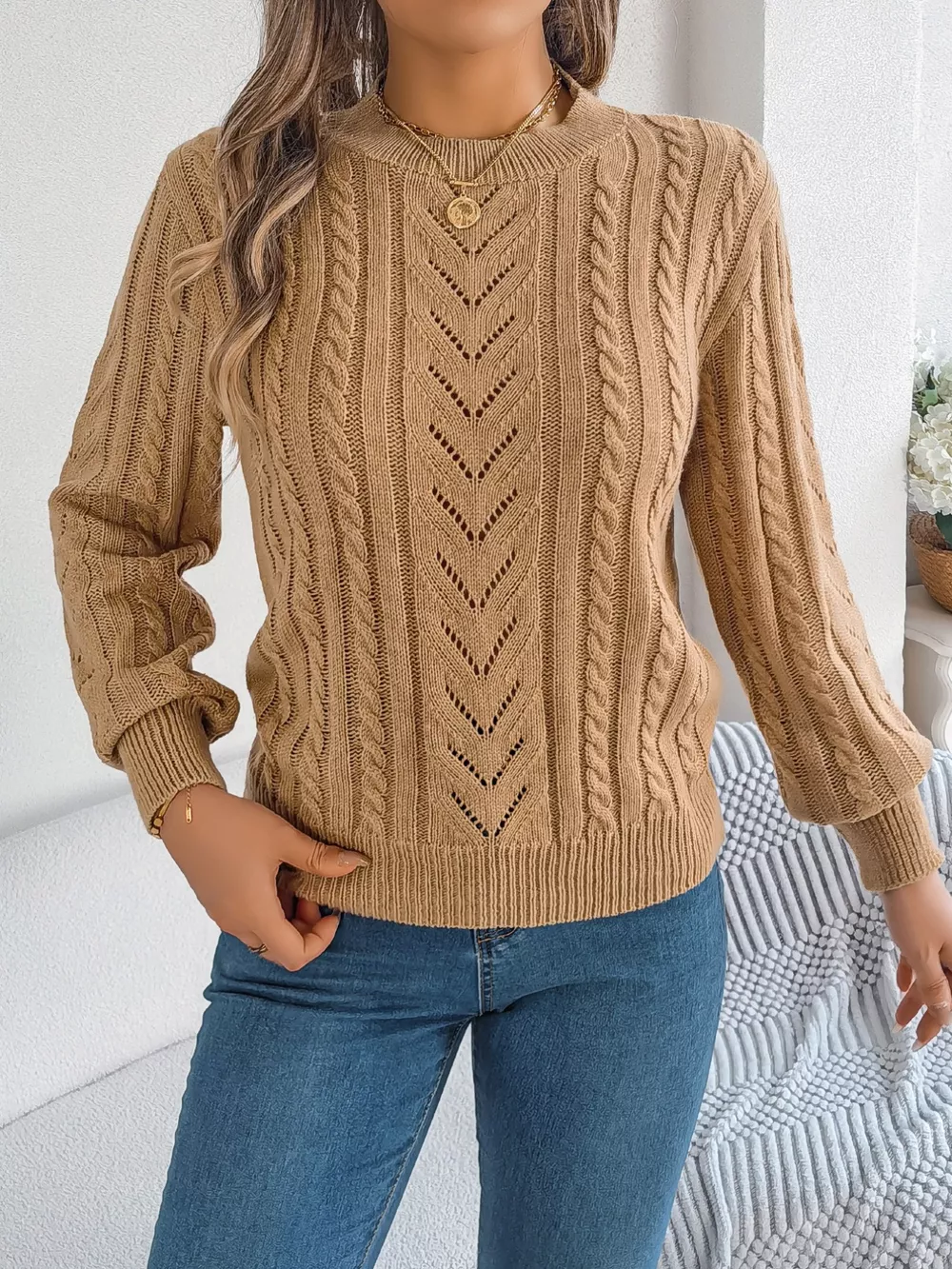 Cable-Knit Round Neck Sweater, image 11