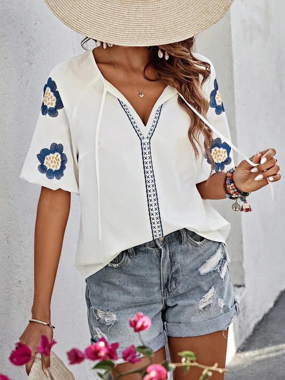 Embroidered Tie Neck Puff Sleeve Blouse, image 2