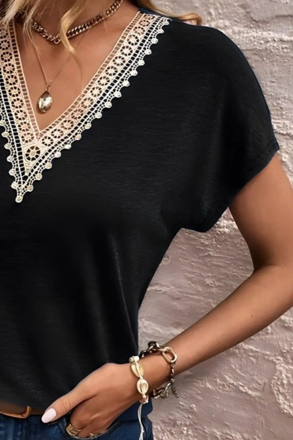 Full Size Lace Detail V-Neck Short Sleeve T-Shirt, image 8
