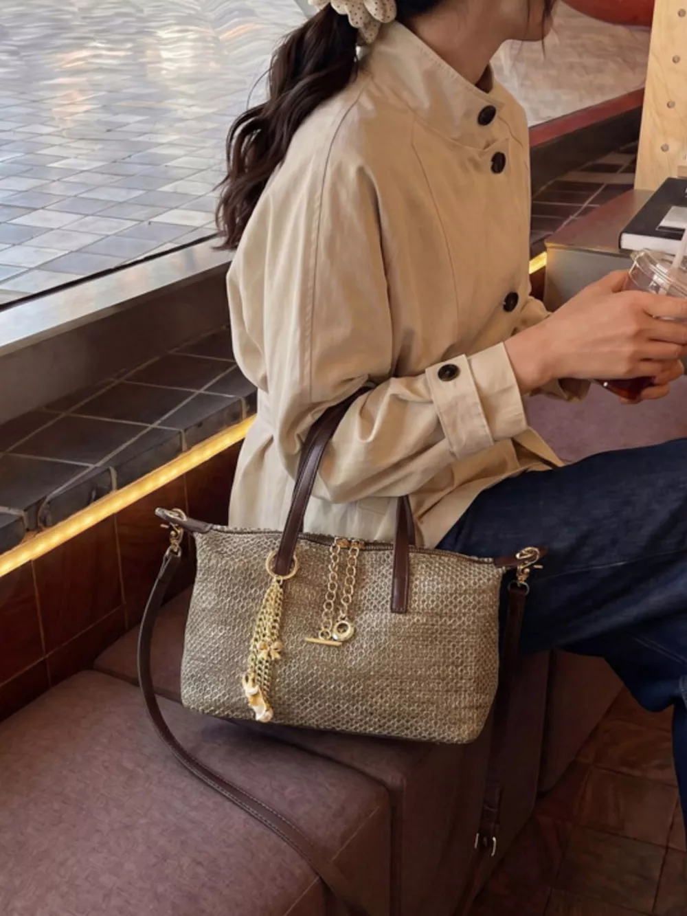 Woven Crossbody Bag with Gold Chain Accents, image 4