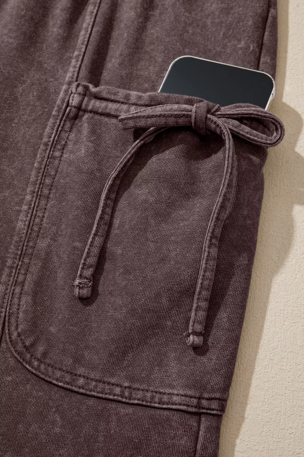 Mineral Wash Elastic Waist Drawstring Tie Detail Cargo Pants, image 6