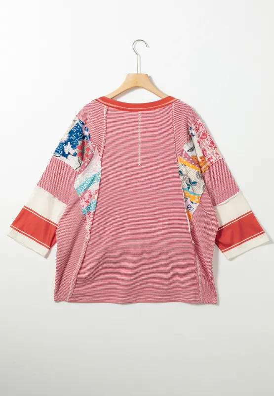 Striped Floral Patchwork Round Neck Top, image 8