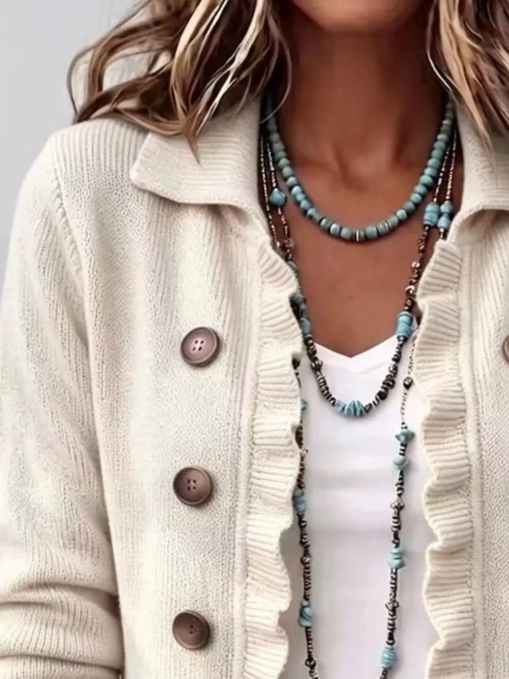 Full Size Ruffled Trim Decorative Button Cardigan Plus Size, image 4