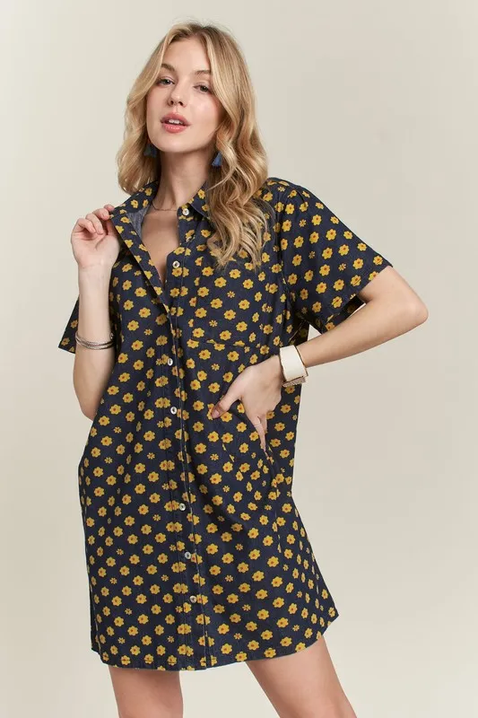 Floral Button-Up Mini Denim Dress