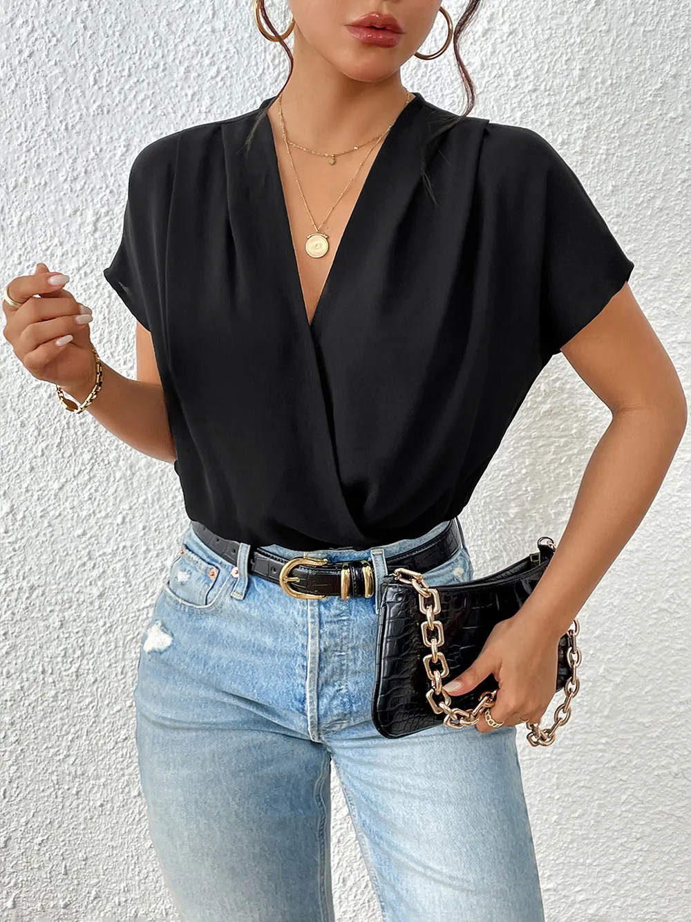 Surplice Short Sleeve Ruched Bodysuit, image 2