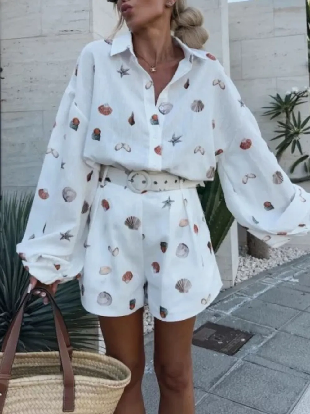 Shell Print Long Sleeve Shirt and Belt Shorts Set
