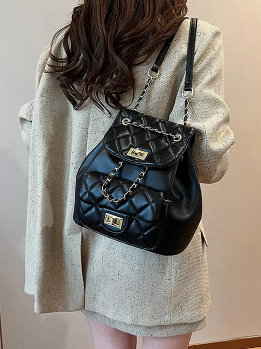 Quilted Chain Decor Backpack Bag, image 3