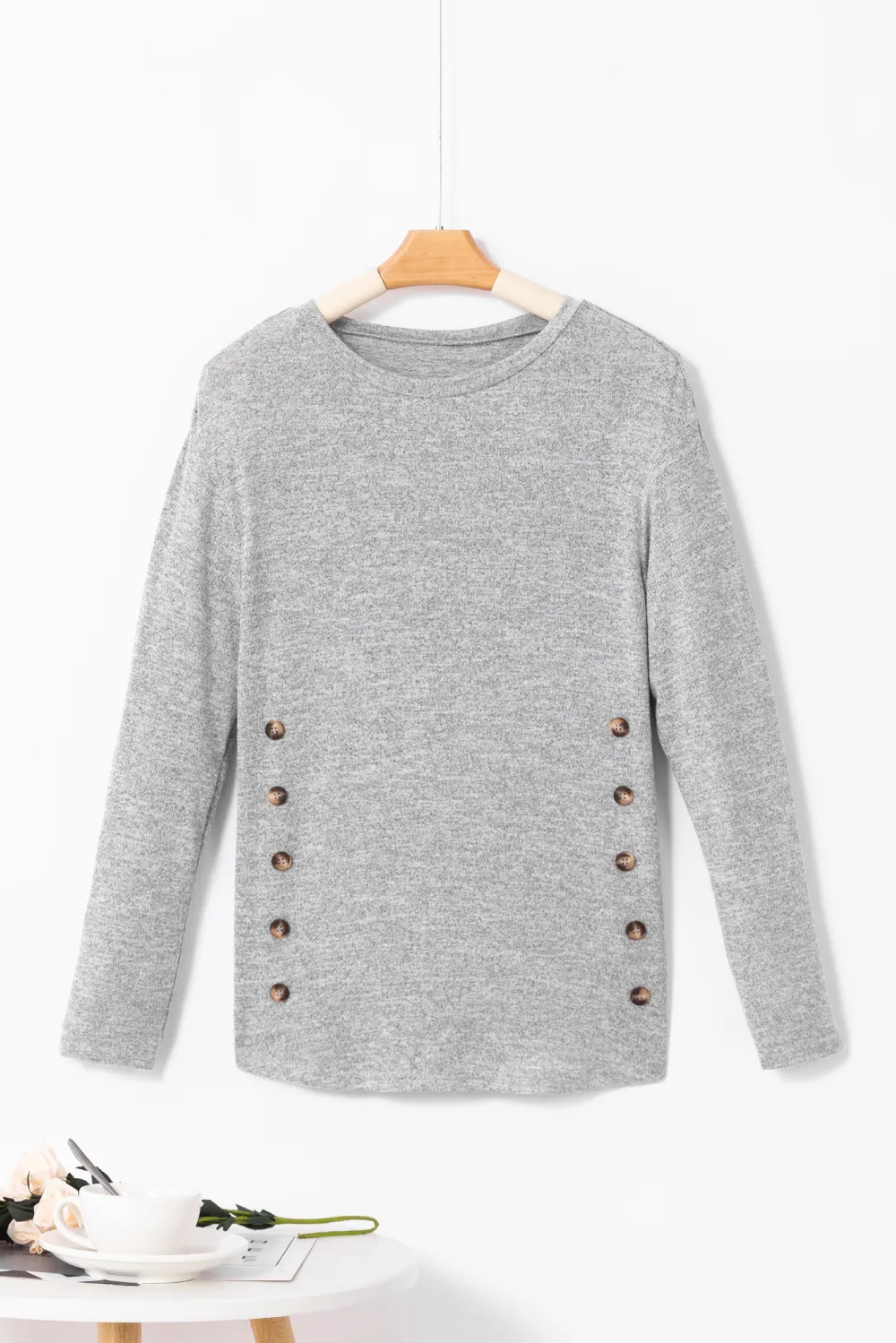 Decorative Button Round Neck Long Sleeve Top, image 3