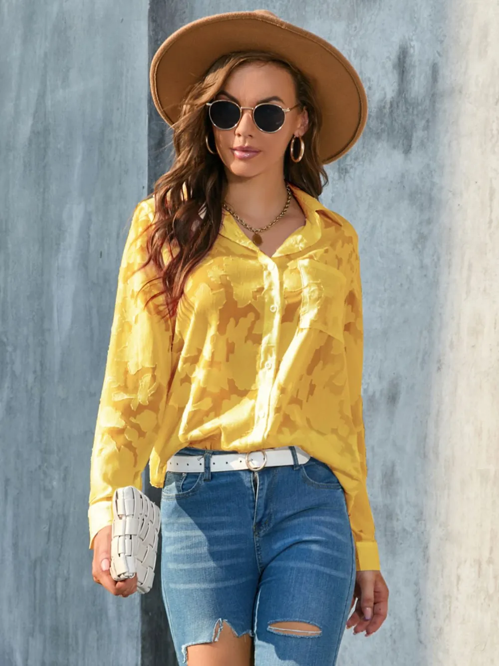 Full Size Collared Neck Long Sleeve Shirt Plus Size, image 11