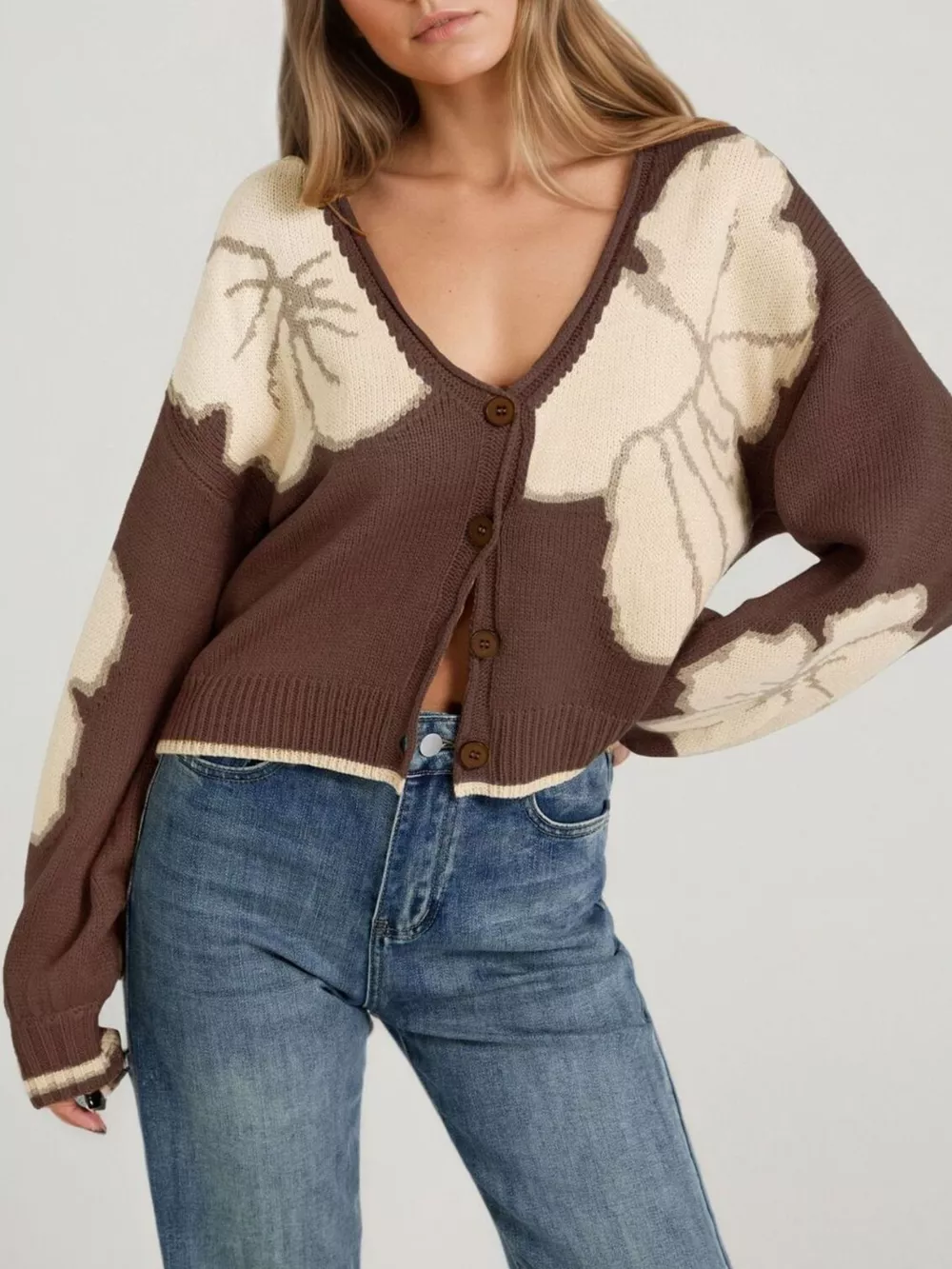 V-Neck Button-Down Knit Cardigan, image 4