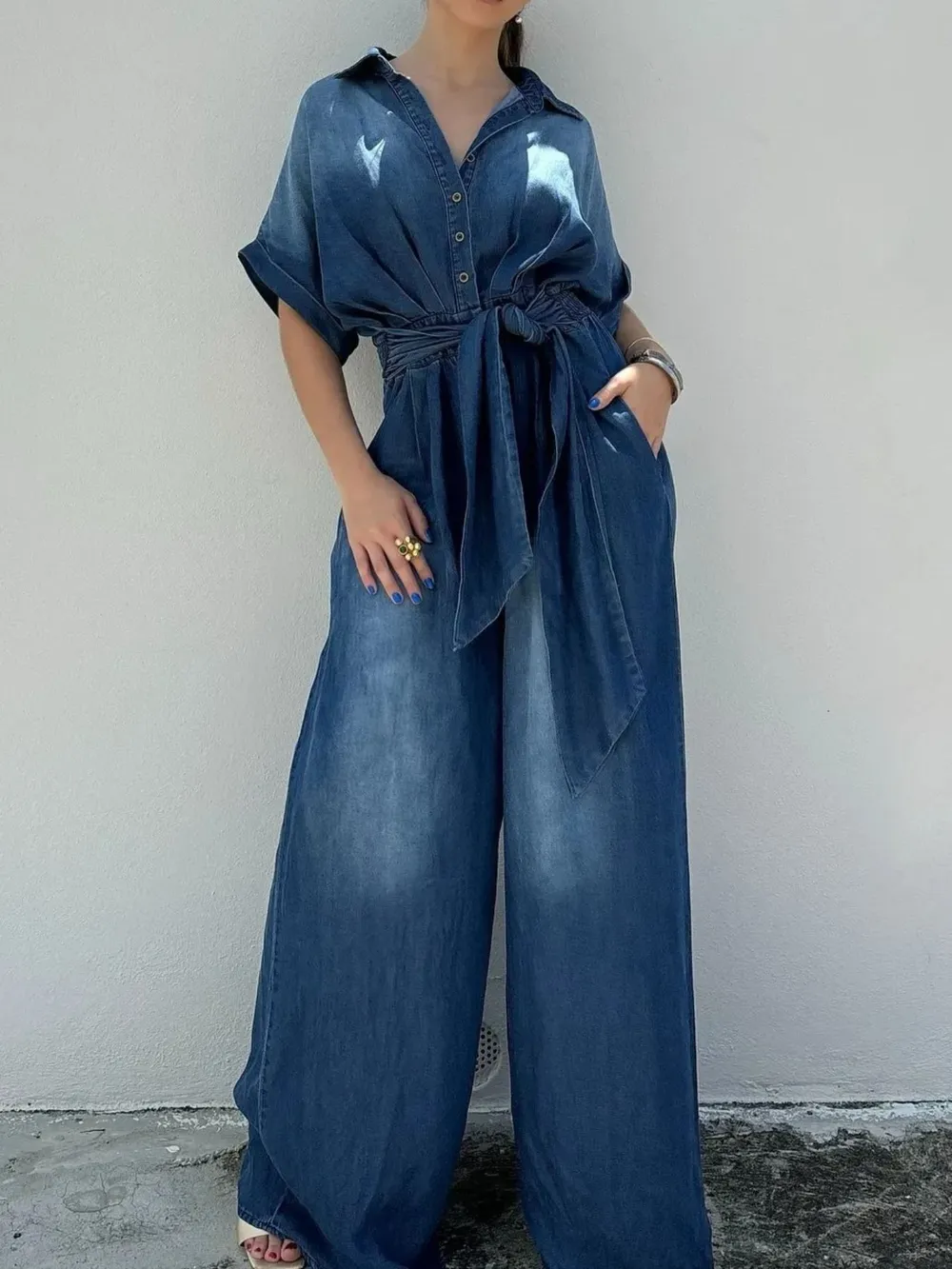 Button Front Wide Leg Denim Jumpsuit, image 4