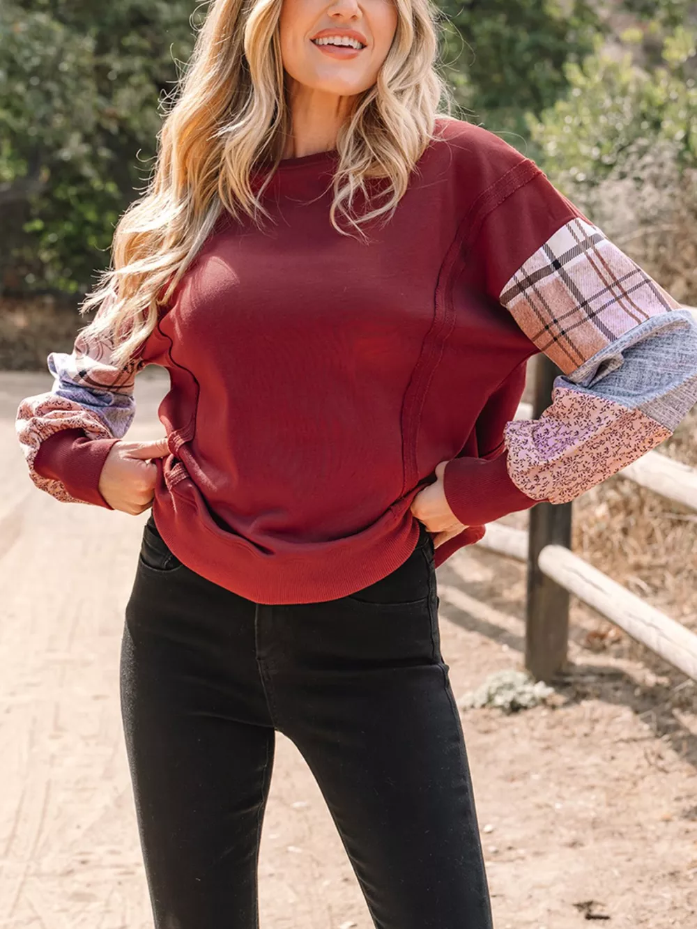 Plaid Colorblock Patchwork Sleeve Raw Seam Sweatshirt, image 3