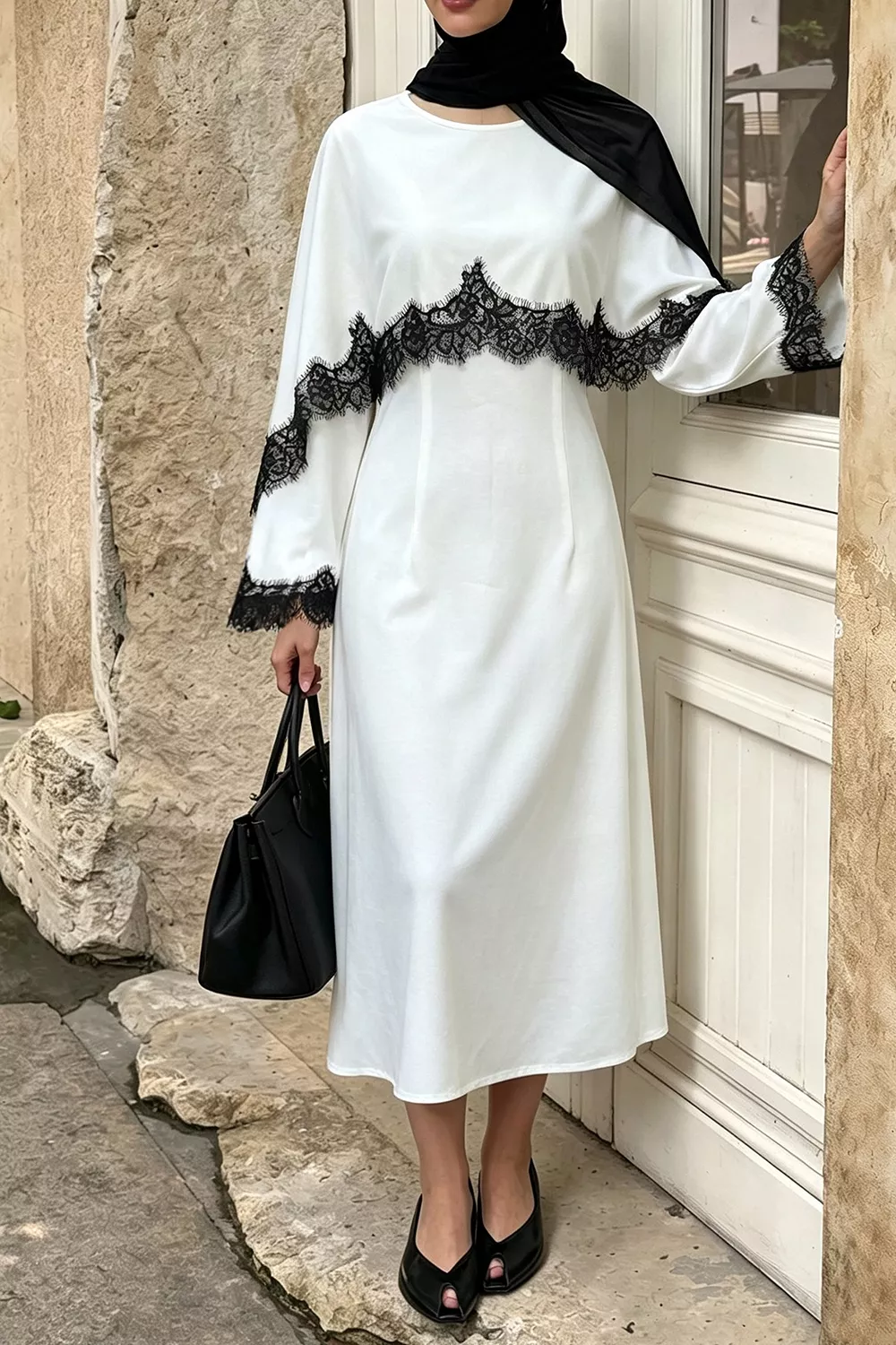 Lace Trim Round Neck Midi Dress, image 4