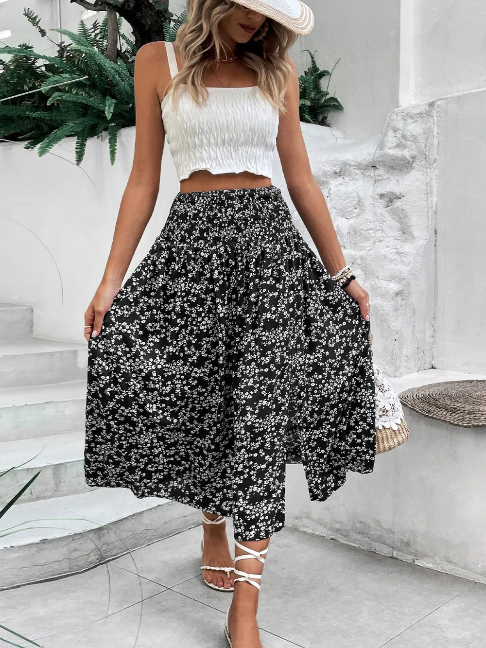 Slit Smocked Printed Skirt, image 4