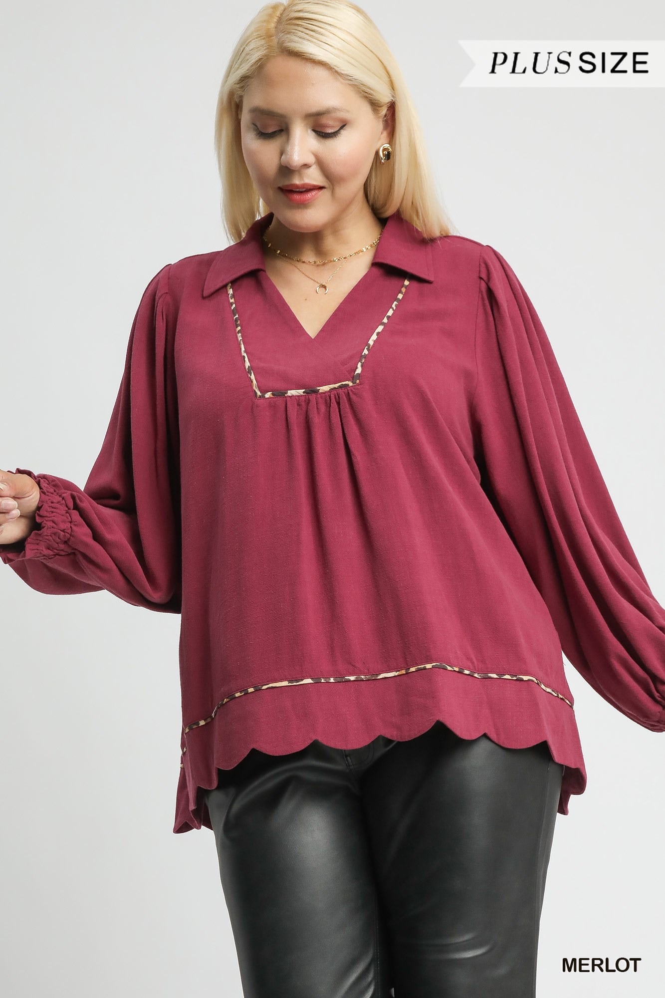 Full Size Linen Scallop Hem Blouse with Contrast Trim Plus Size, image 5