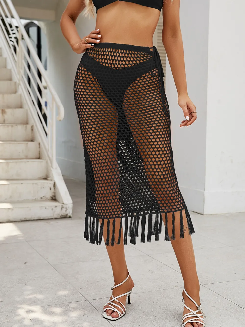 Fringe Openwork High Waist Swim Skirt, image 3
