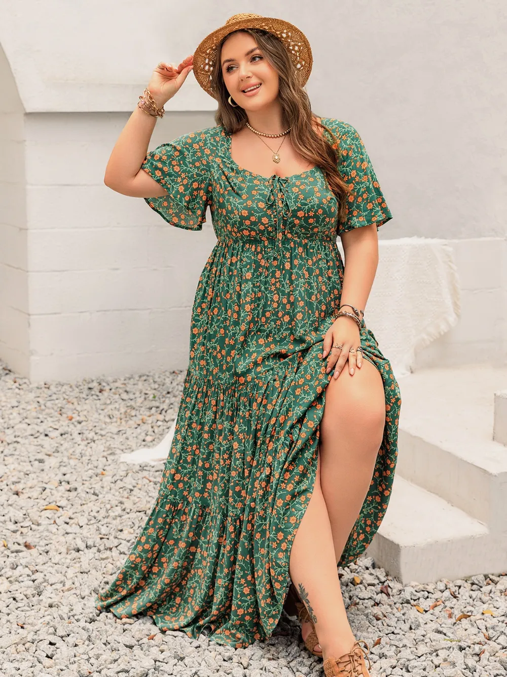 Plus Size Printed Short Sleeve Tiered Maxi Dress, image 4