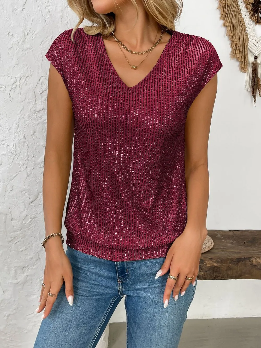 Sequin V-Neck Cap Sleeve Top, image 5