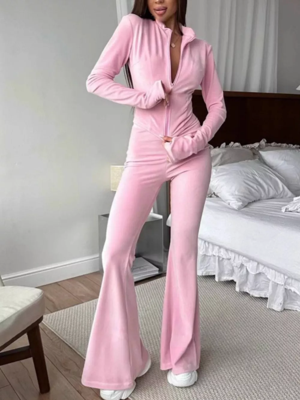 Zip-Up Crop Top and Flared Pants Two-Piece Set, image 17