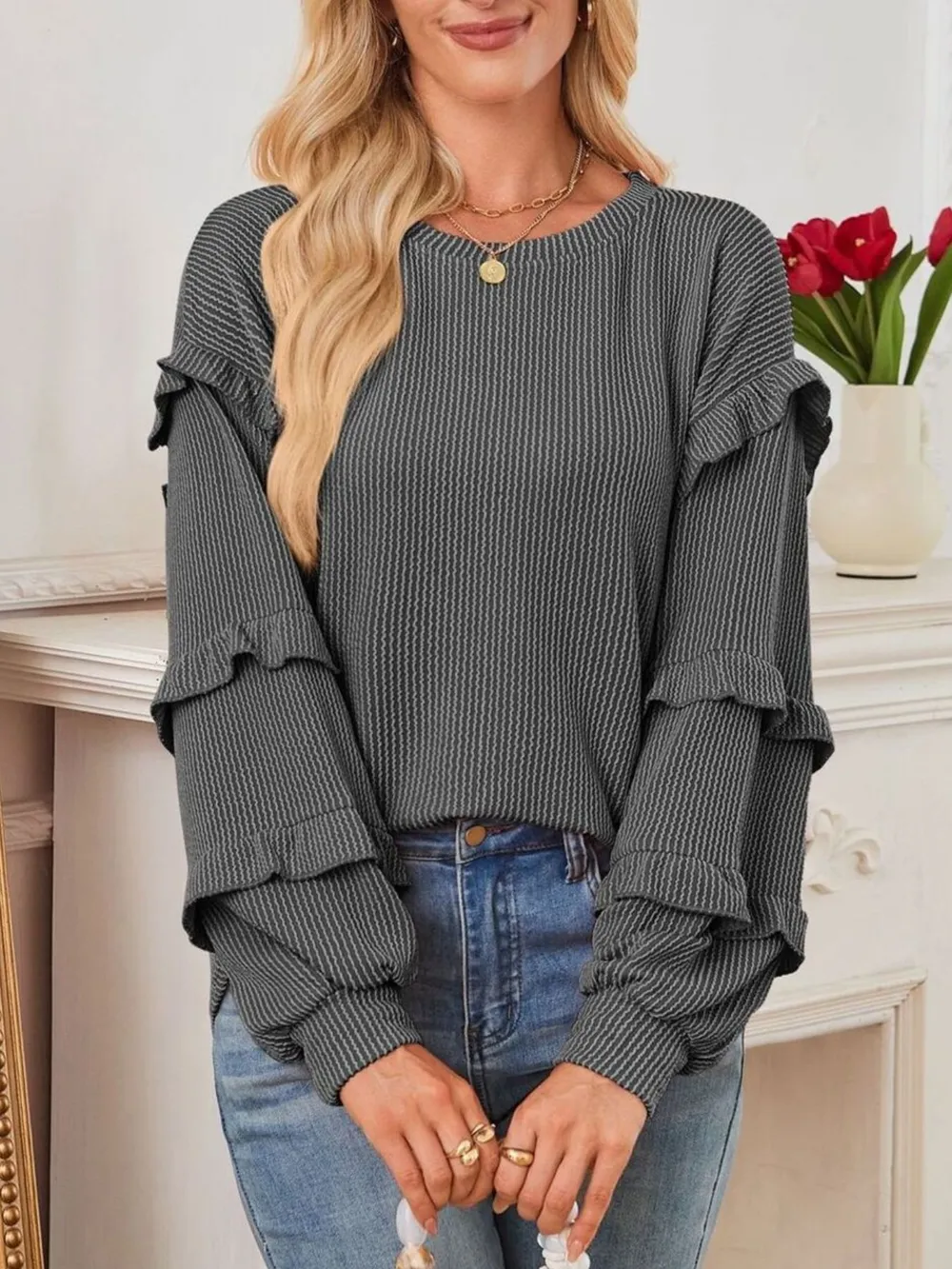 Ruffled Round Neck Long Sleeve Sweatshirt, image 3