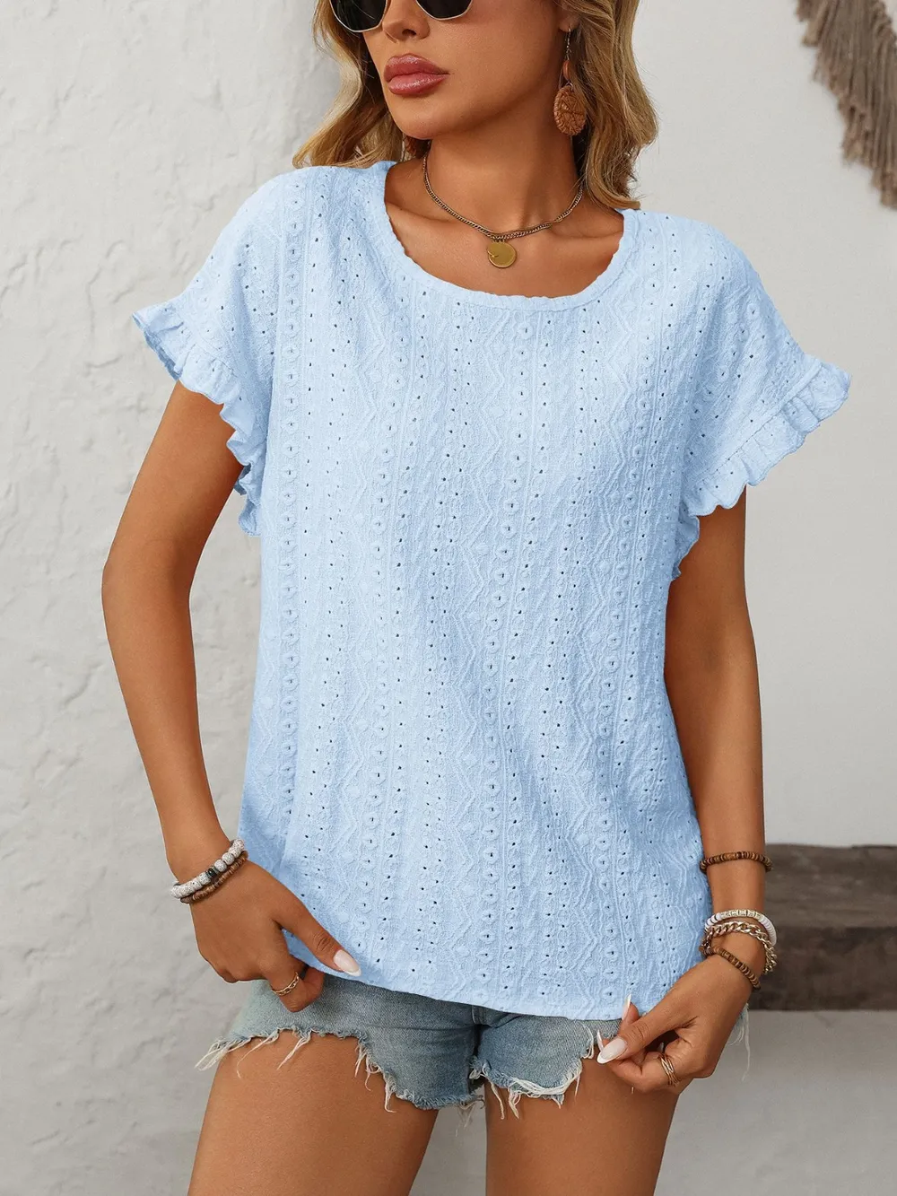 Eyelet Round Neck Short Sleeve Top, image 13