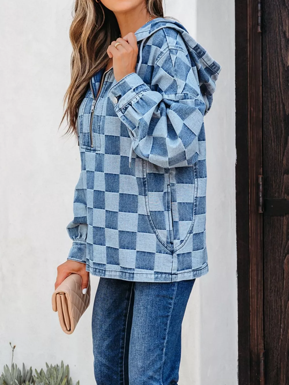 Checkered Half Zip Denim Hoodie Top, image 3