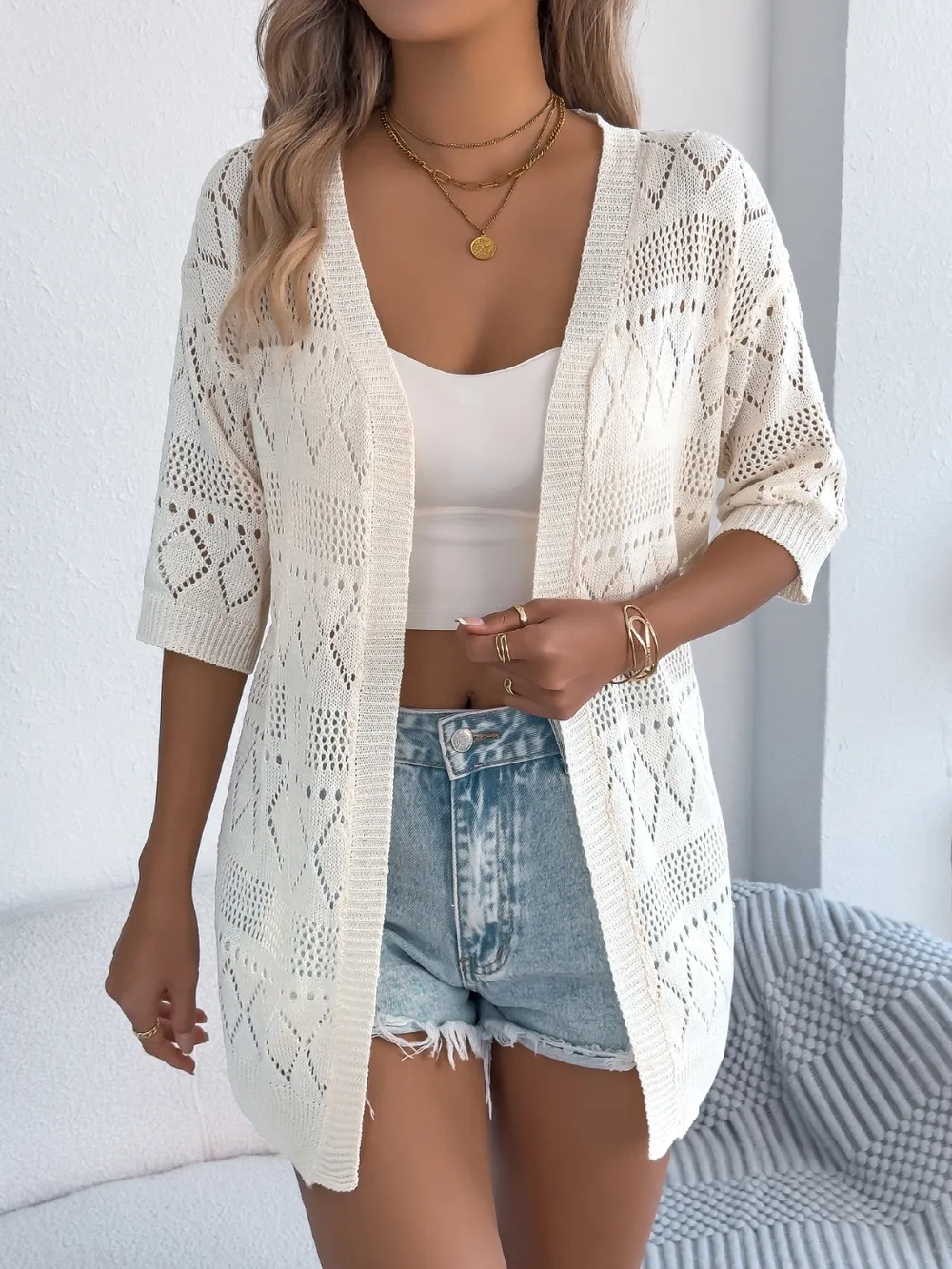 Openwork Open Front Half Sleeve Cardigan, image 3