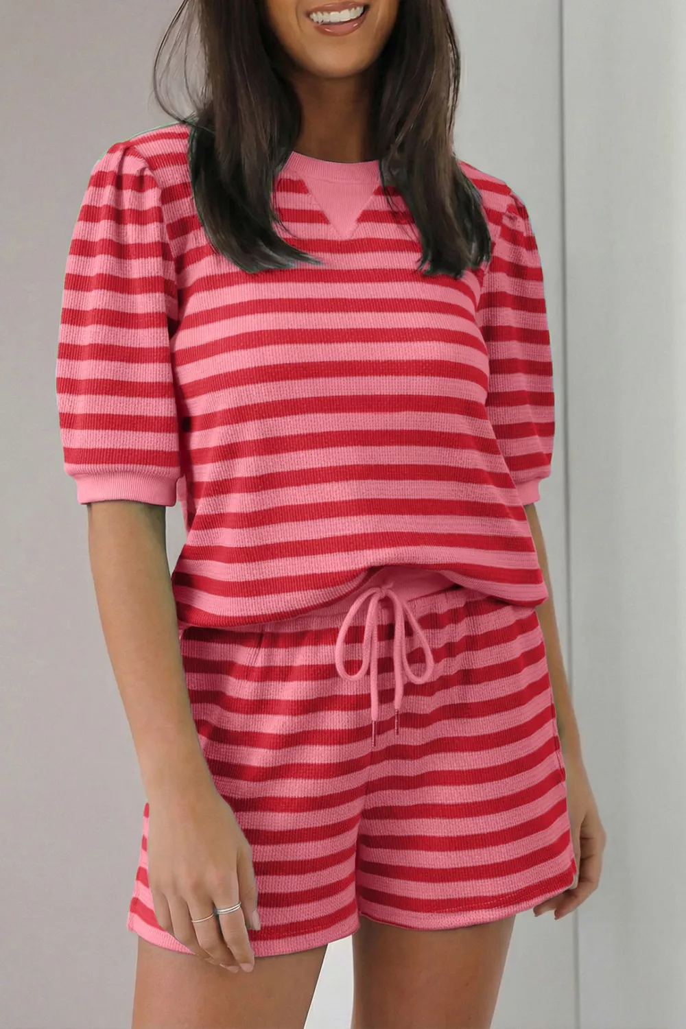 Striped Round Neck Top and Shorts Set, image 2