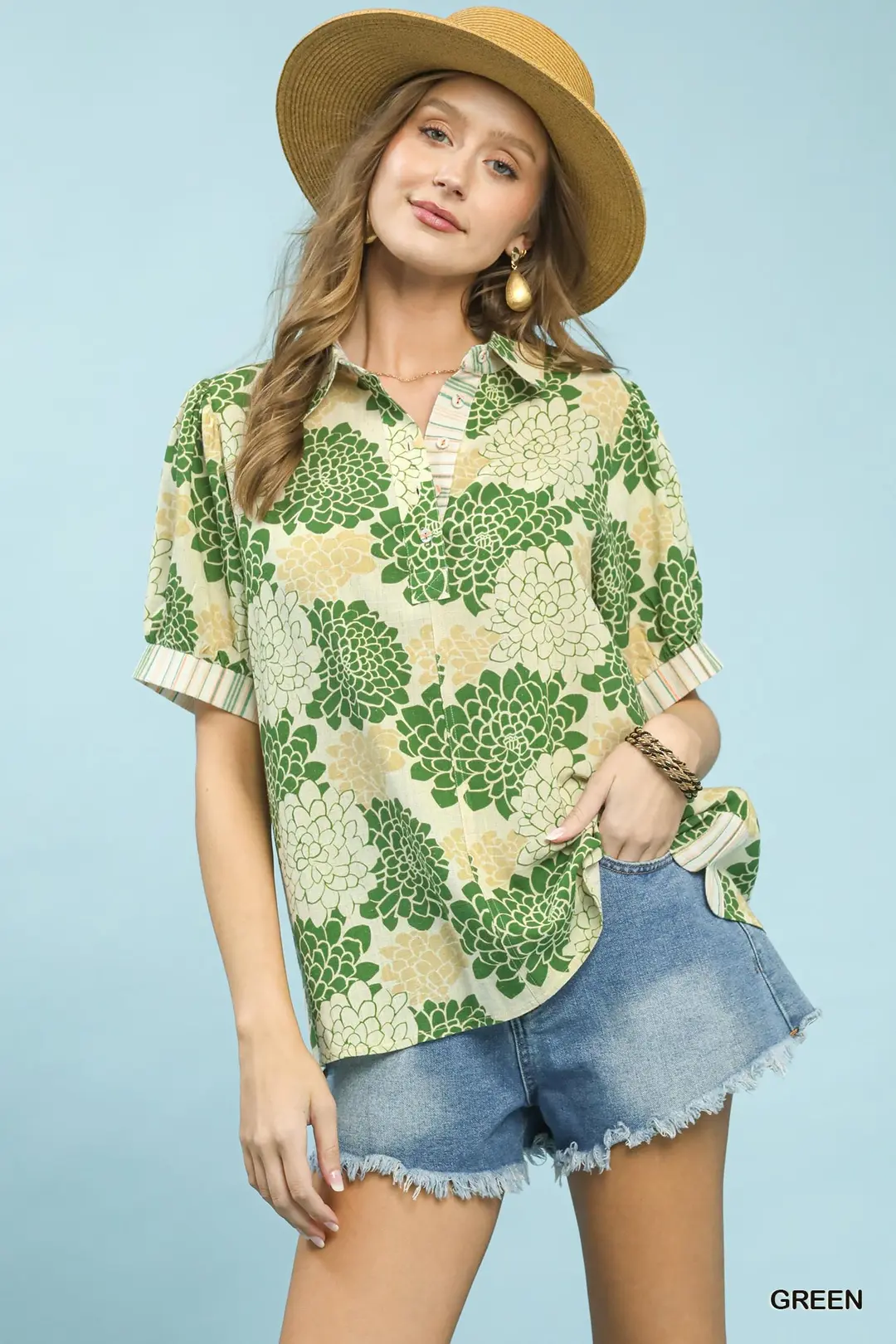 Floral Collared Short Sleeve Blouse