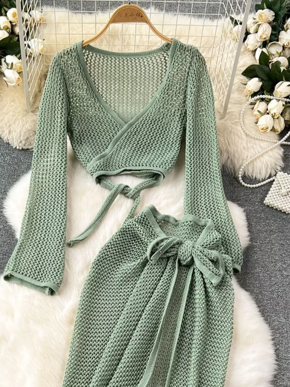 Knitted Crop Top and Slit Skirt Set, image 19