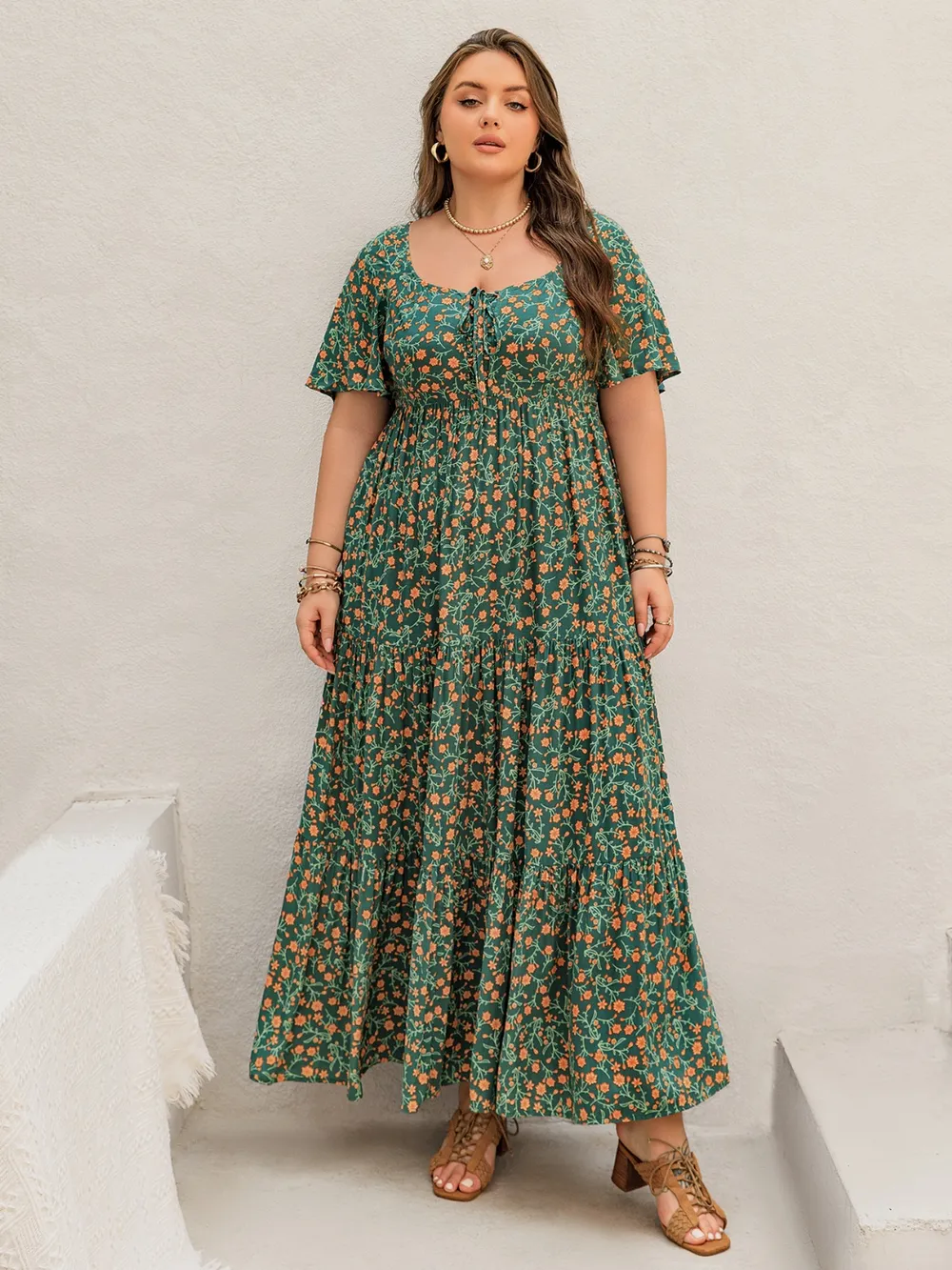 Plus Size Printed Short Sleeve Tiered Maxi Dress, image 5