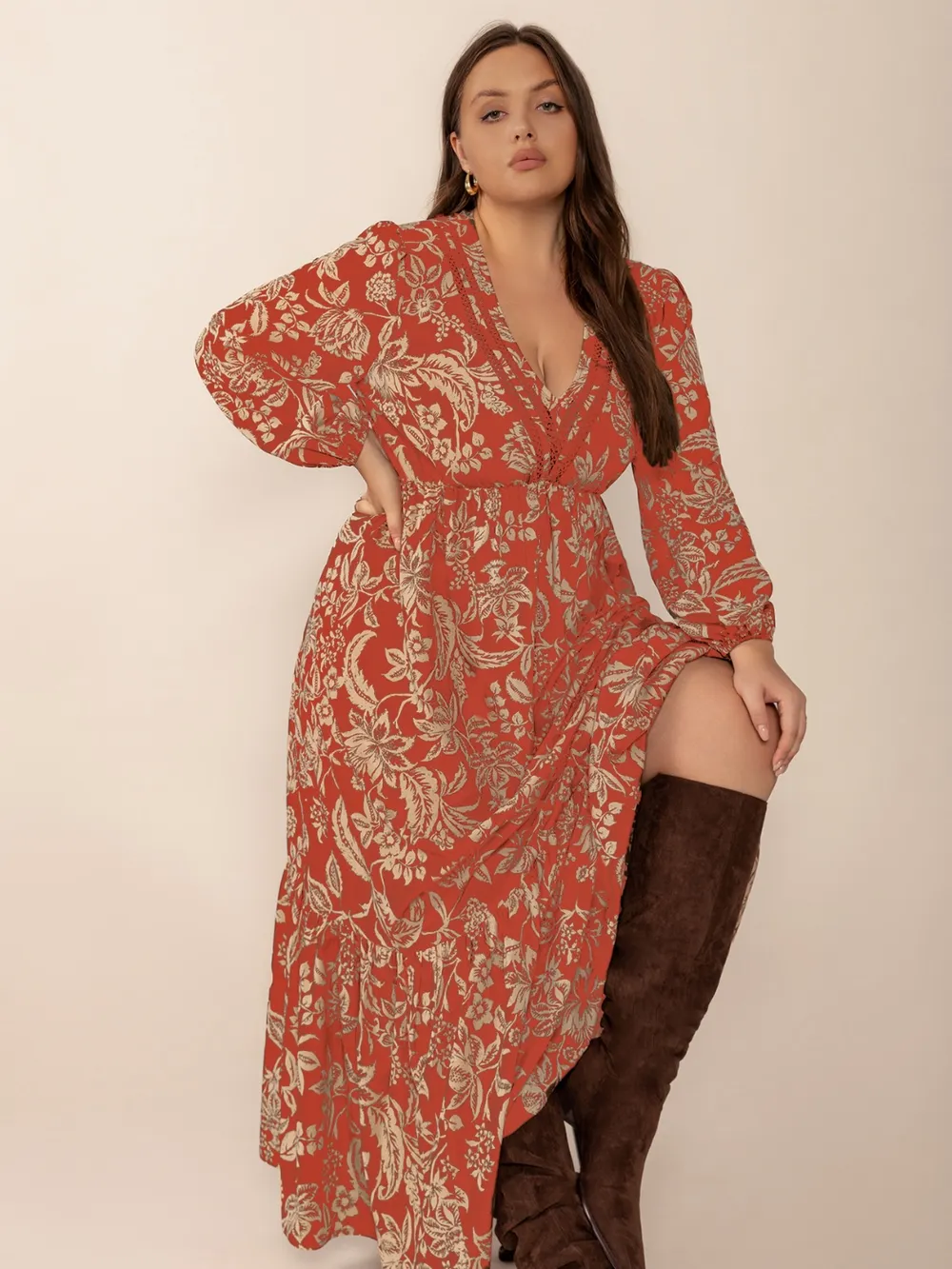 Plus Size Lace Detail Printed Balloon Sleeve Midi Dress, image 3