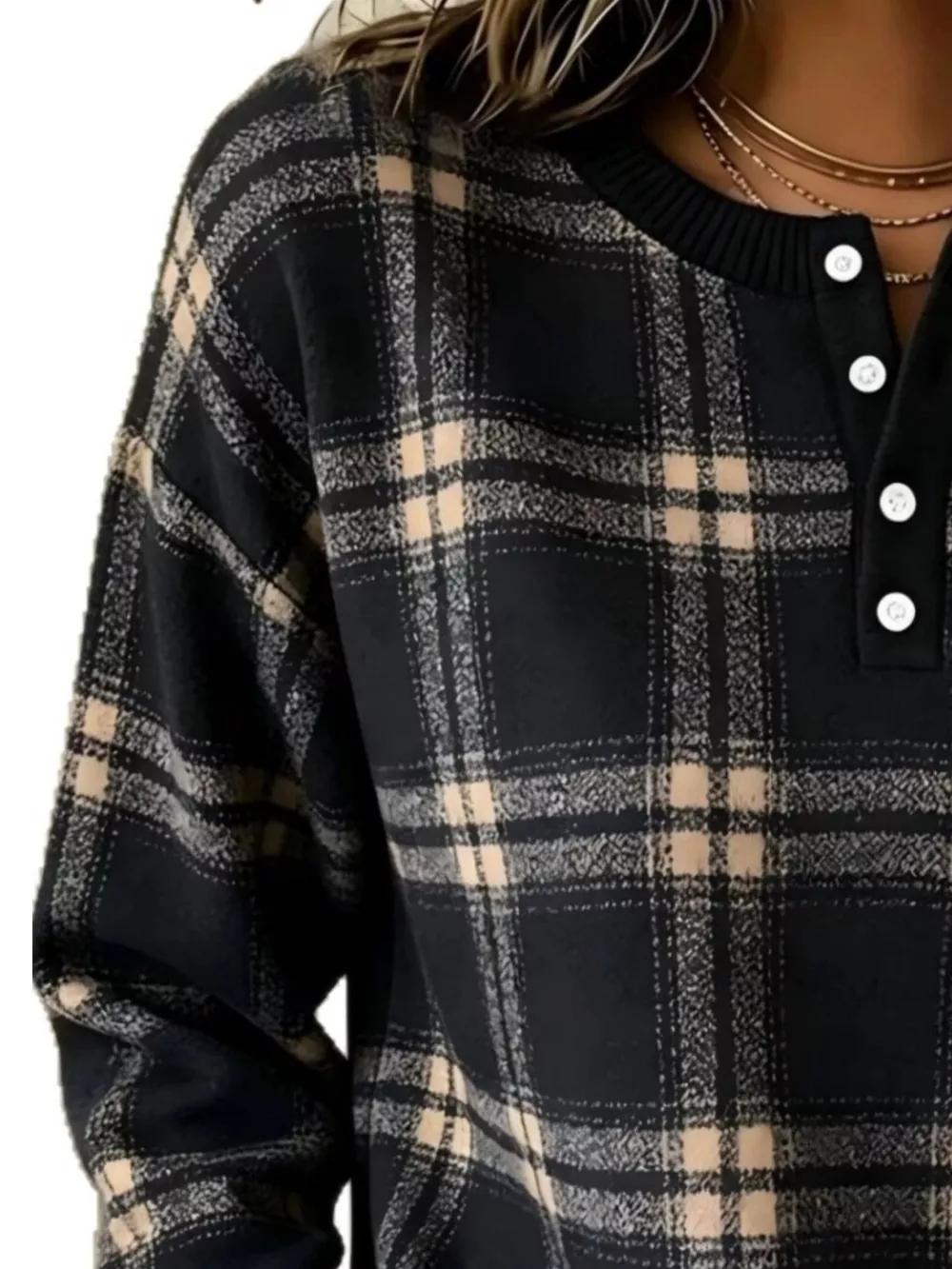 Full Size Plaid Button Detail Long Sleeve Sweatshirt Plus Size, image 12