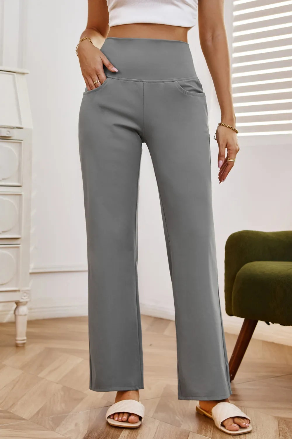 High Waist Wide Leg Pants with Pockets, image 9